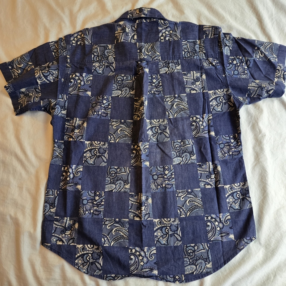 Chaps Ralph Lauren Cotton blue paisley checker short sleeve button down - Picture 6 of 7